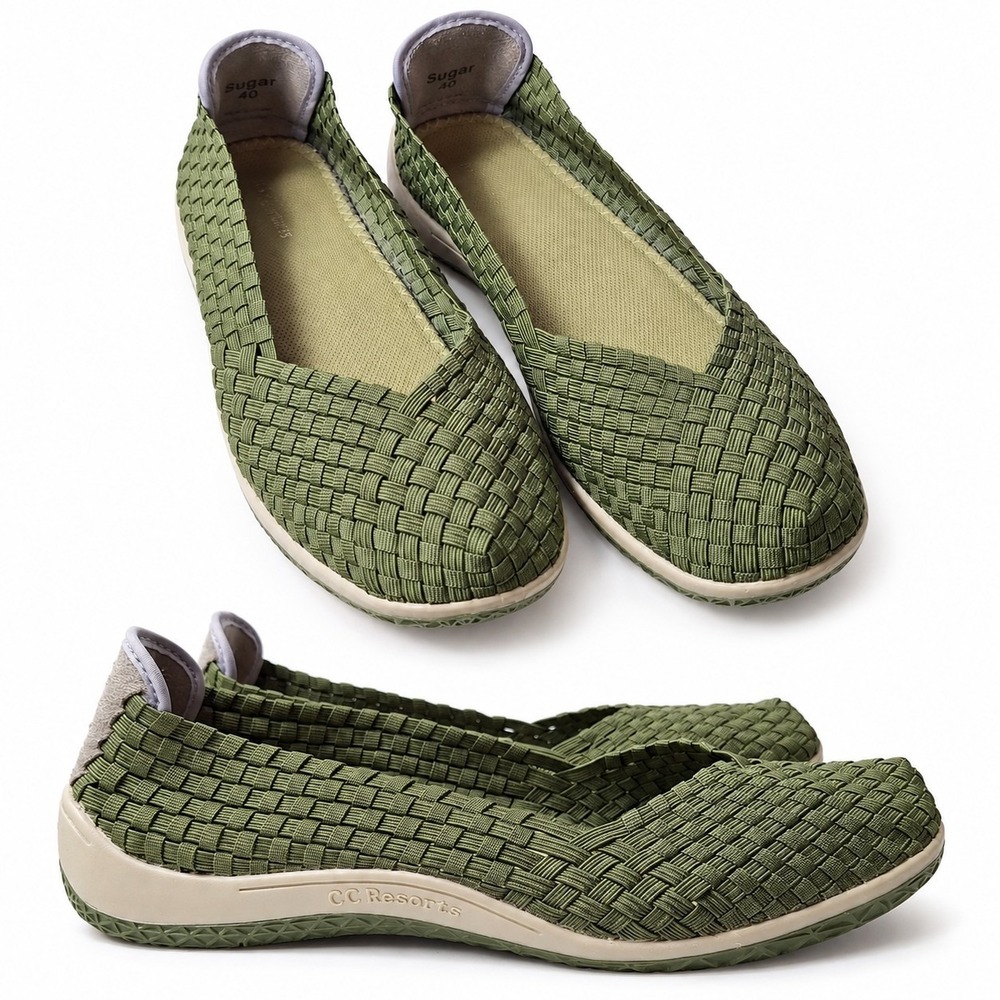 CC RESORTS "Sugar" Woven Flats Womens Sz EU/40 US/9 Army Green Breathable Comfy